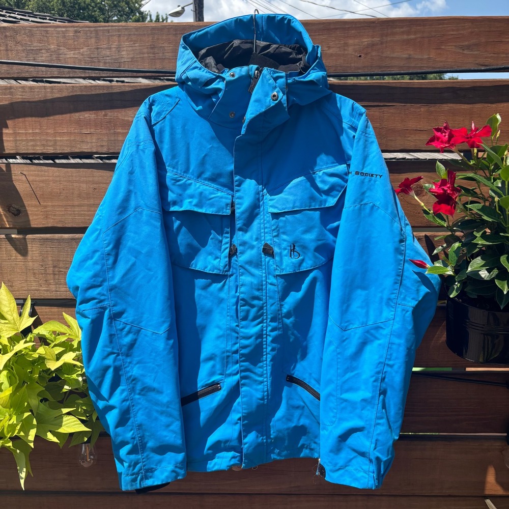 High Society Shell Jacket Mens Large Blue Excellent Hooded Freeride Ski Coat